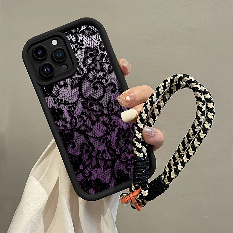 Phone Cases With Straps - Schwarze Lila Spitzen-Handyhülle mit Trageriemen für