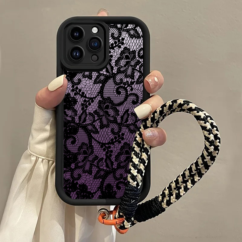 Phone Cases With Straps - Schwarze Lila Spitzen-Handyhülle mit Trageriemen für