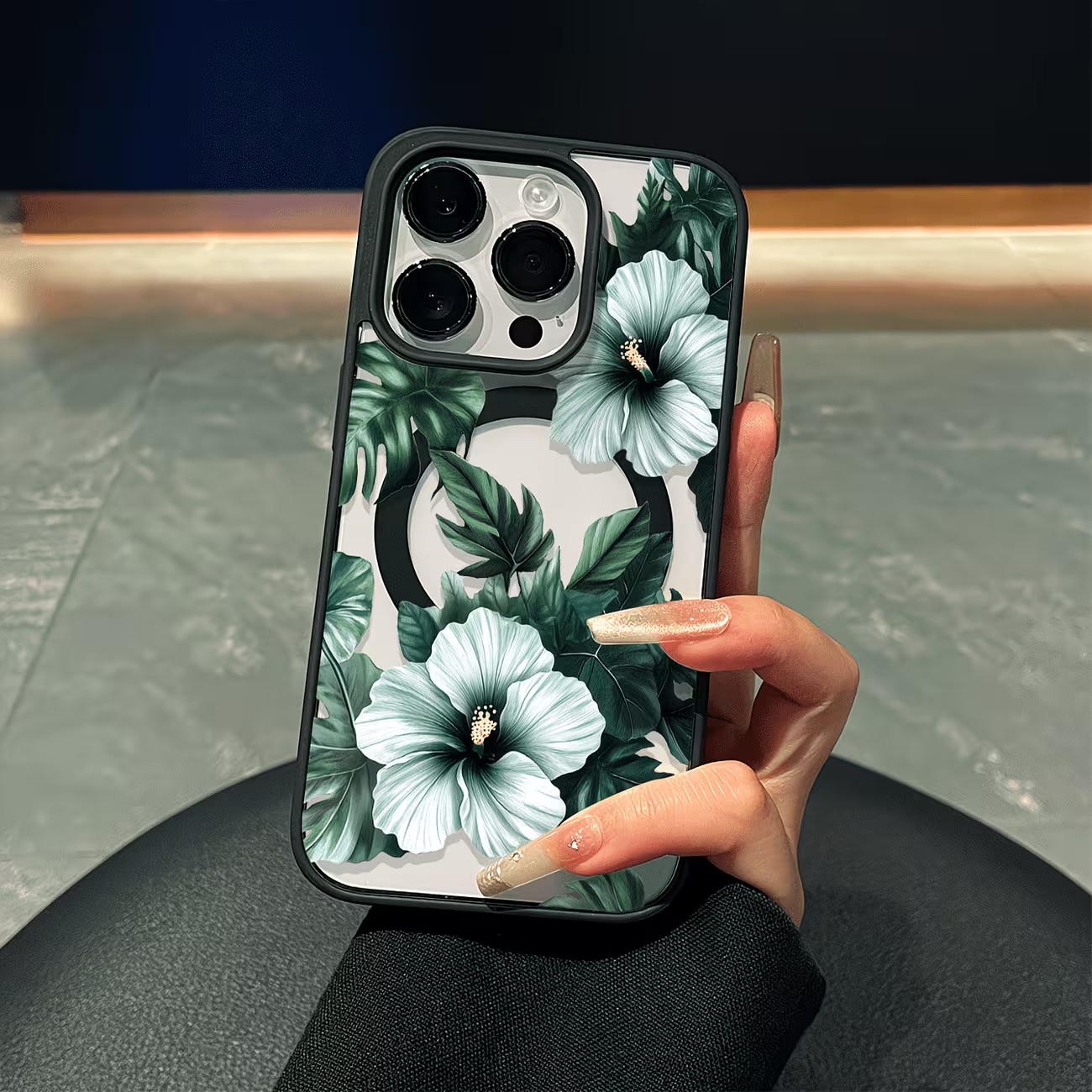 Clear Magsafe Case - Grüne Blumenmuster Handyhülle für iPhone 17